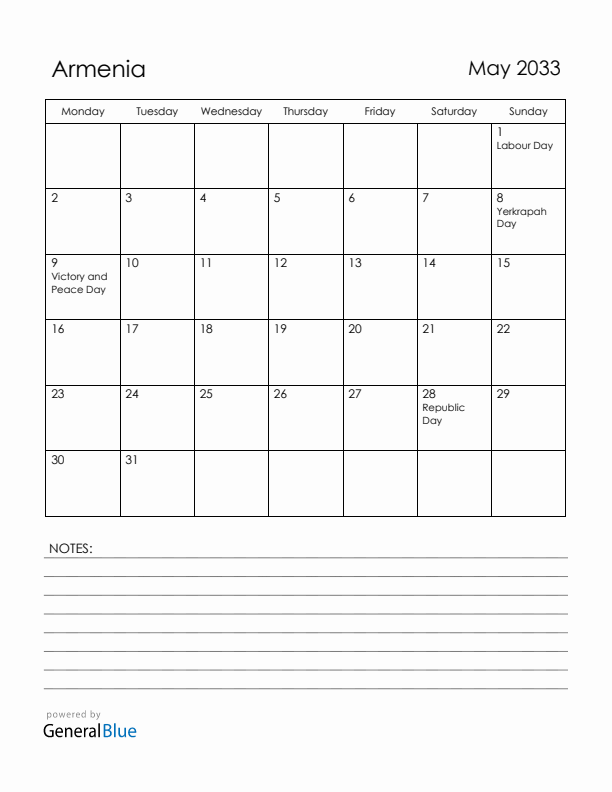 May 2033 Armenia Calendar with Holidays (Monday Start)