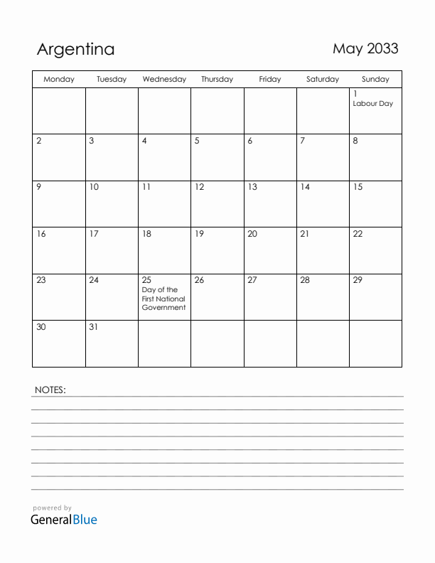 May 2033 Argentina Calendar with Holidays (Monday Start)