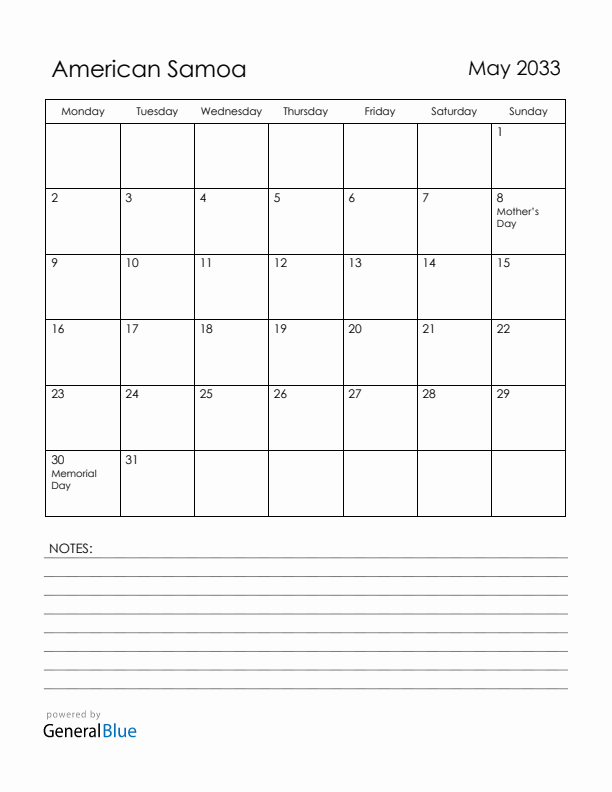 May 2033 American Samoa Calendar with Holidays (Monday Start)