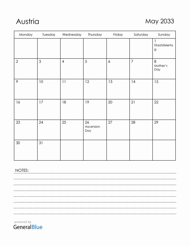 May 2033 Austria Calendar with Holidays (Monday Start)