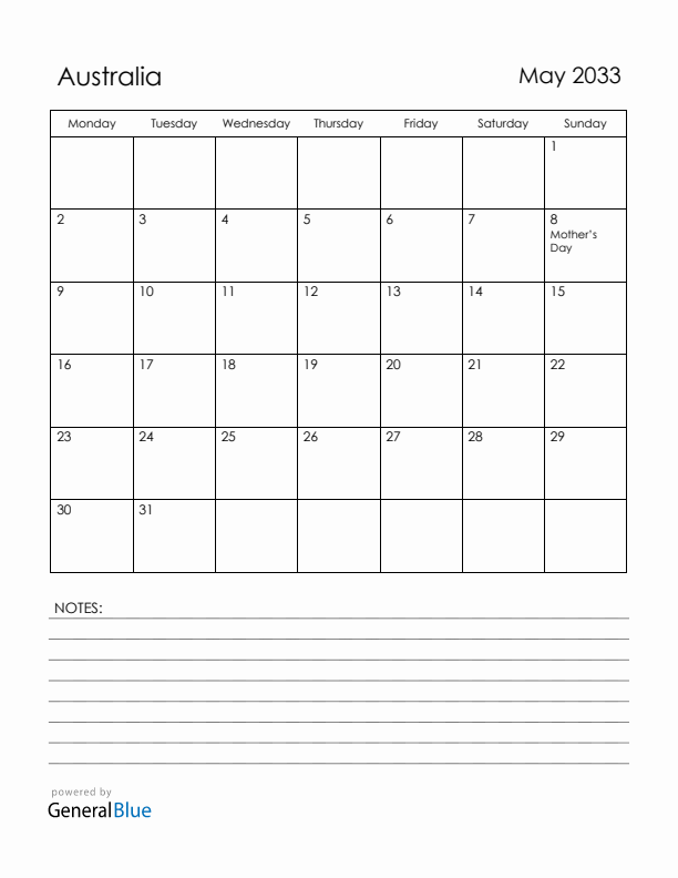 May 2033 Australia Calendar with Holidays (Monday Start)