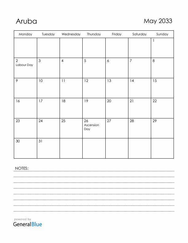 May 2033 Aruba Calendar with Holidays (Monday Start)