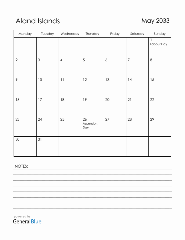 May 2033 Aland Islands Calendar with Holidays (Monday Start)