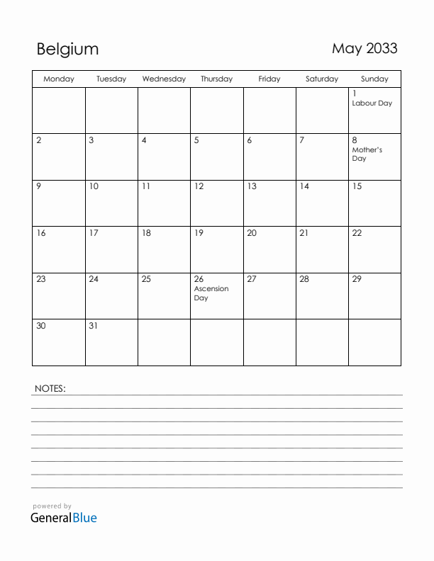 May 2033 Belgium Calendar with Holidays (Monday Start)
