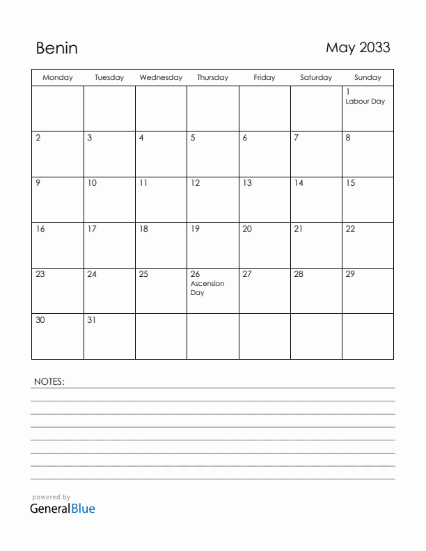 May 2033 Benin Calendar with Holidays (Monday Start)