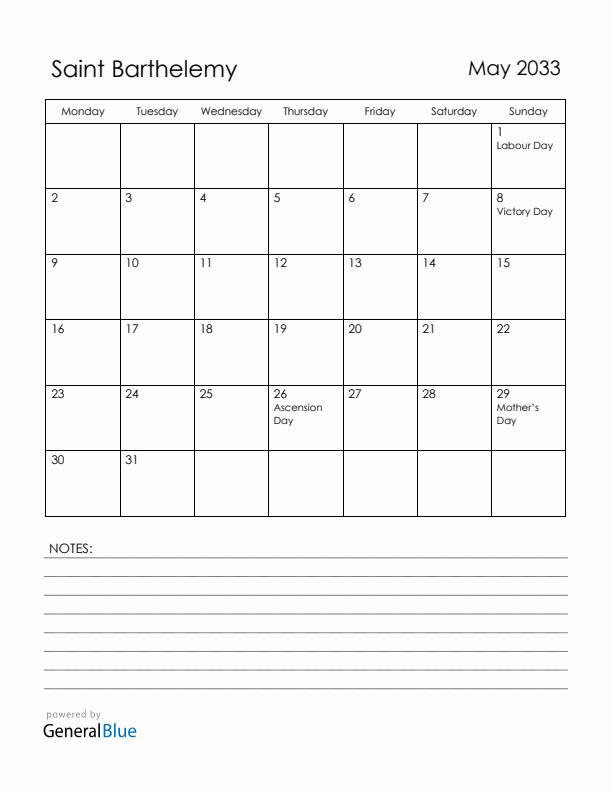 May 2033 Saint Barthelemy Calendar with Holidays (Monday Start)