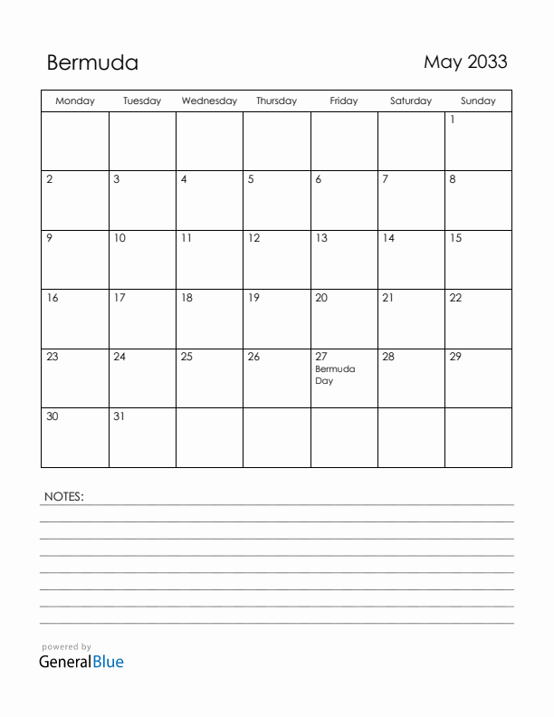 May 2033 Bermuda Calendar with Holidays (Monday Start)