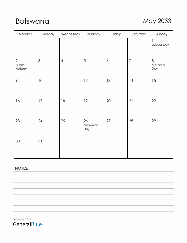 May 2033 Botswana Calendar with Holidays (Monday Start)