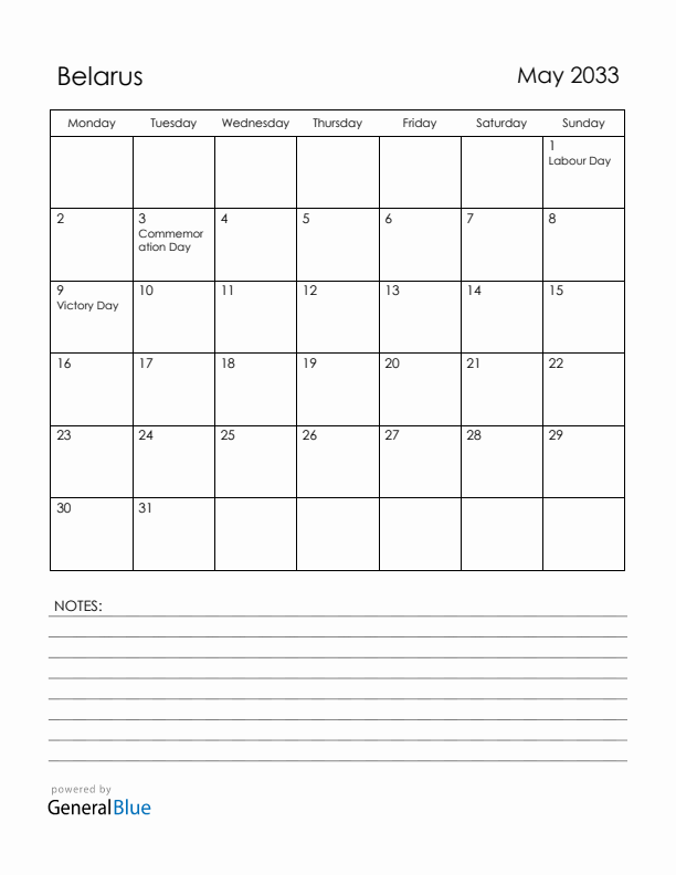 May 2033 Belarus Calendar with Holidays (Monday Start)