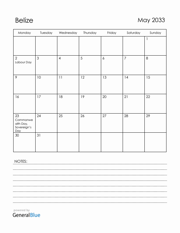 May 2033 Belize Calendar with Holidays (Monday Start)