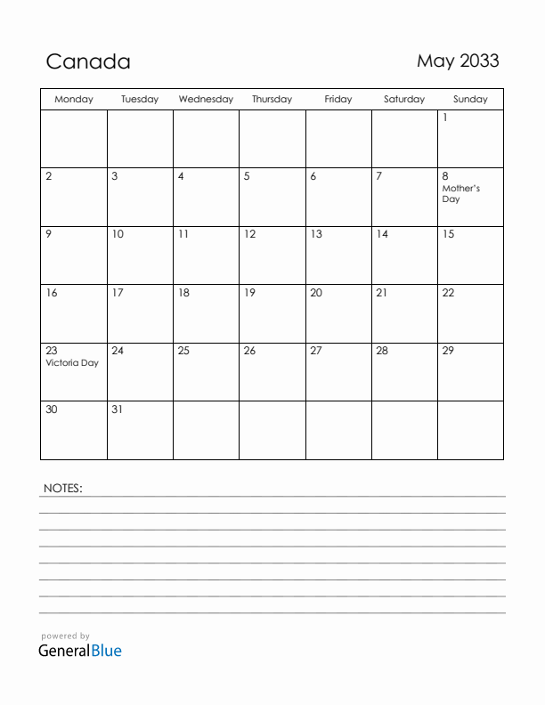 May 2033 Canada Calendar with Holidays (Monday Start)
