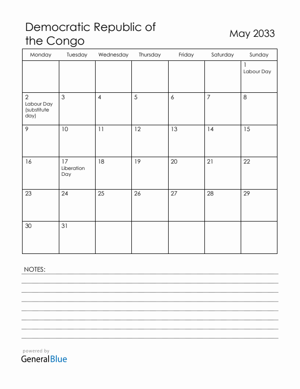 May 2033 Democratic Republic of the Congo Calendar with Holidays (Monday Start)