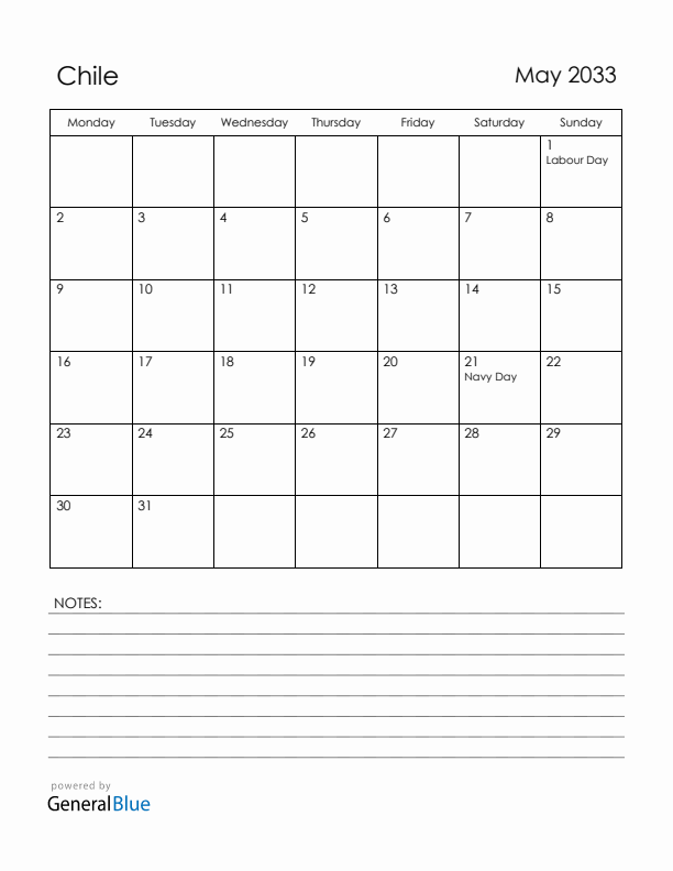 May 2033 Chile Calendar with Holidays (Monday Start)