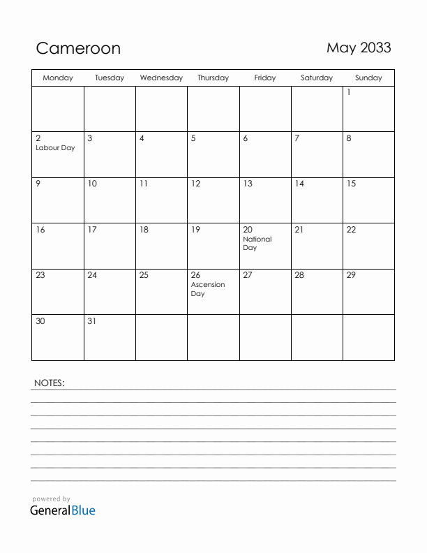 May 2033 Cameroon Calendar with Holidays (Monday Start)