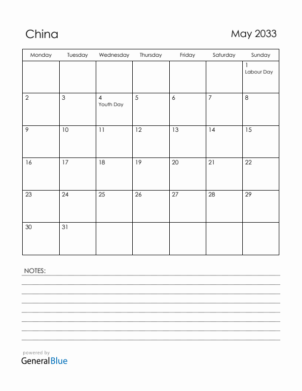 May 2033 China Calendar with Holidays (Monday Start)