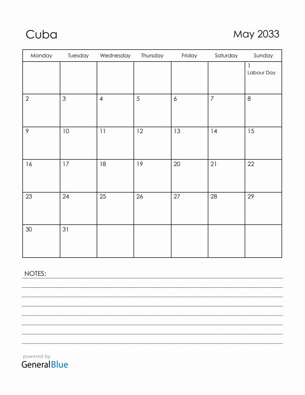 May 2033 Cuba Calendar with Holidays (Monday Start)
