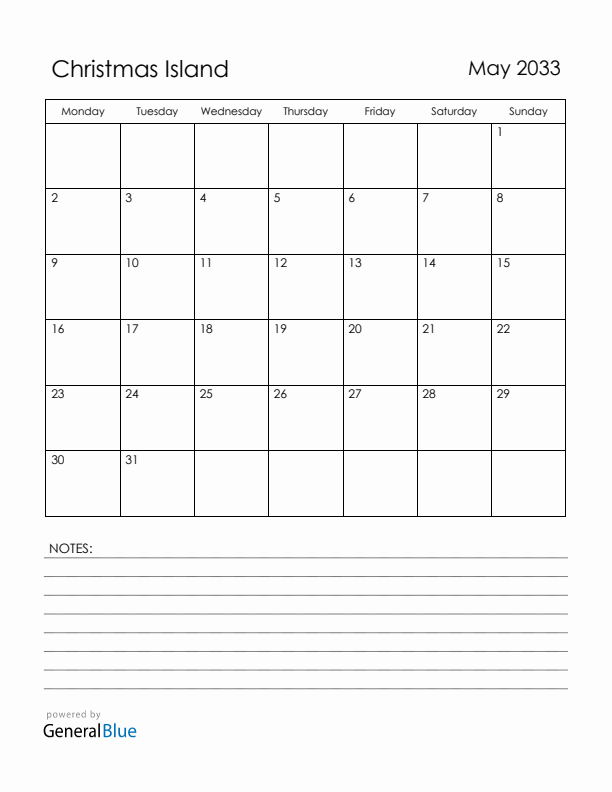 May 2033 Christmas Island Calendar with Holidays (Monday Start)