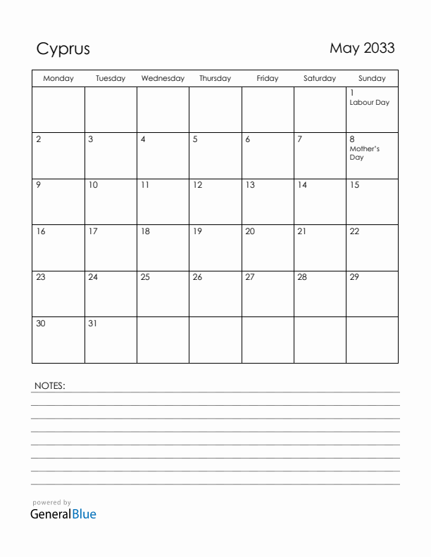 May 2033 Cyprus Calendar with Holidays (Monday Start)