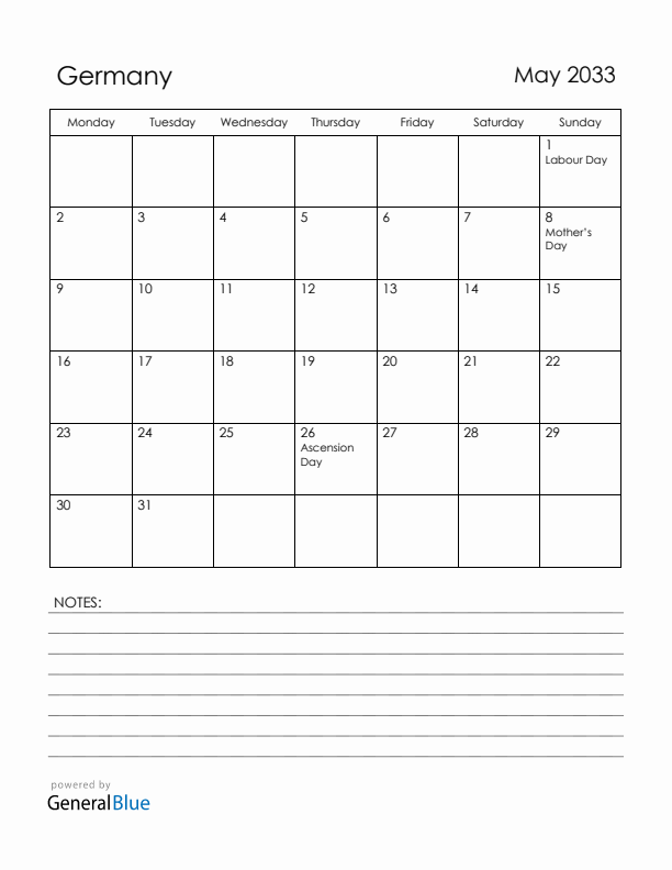 May 2033 Germany Calendar with Holidays (Monday Start)