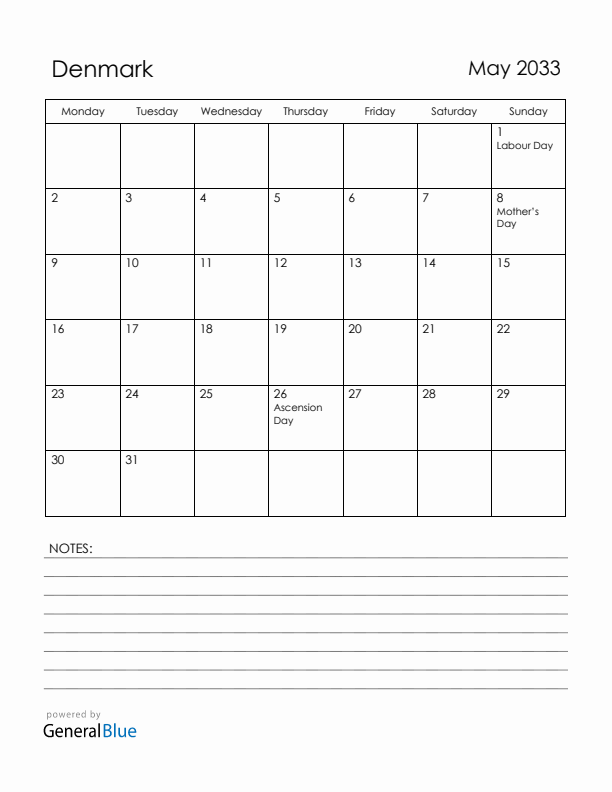May 2033 Denmark Calendar with Holidays (Monday Start)