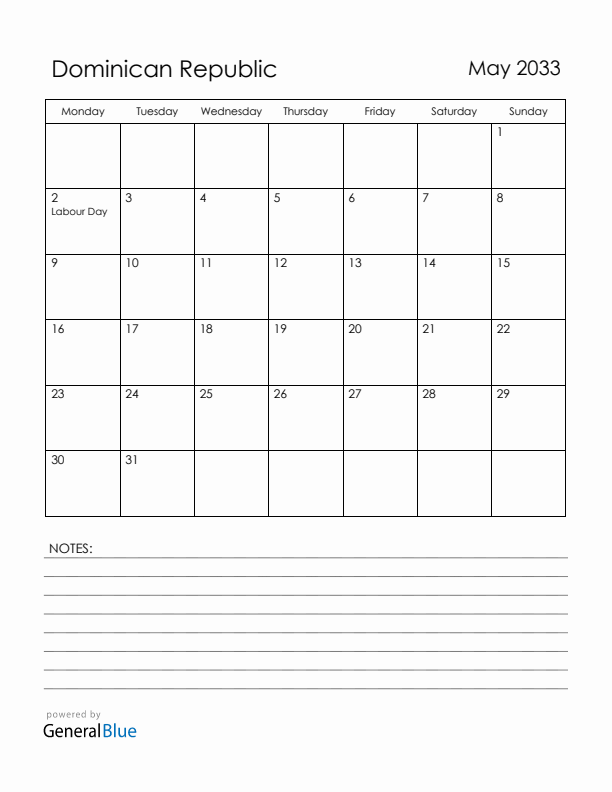 May 2033 Dominican Republic Calendar with Holidays (Monday Start)