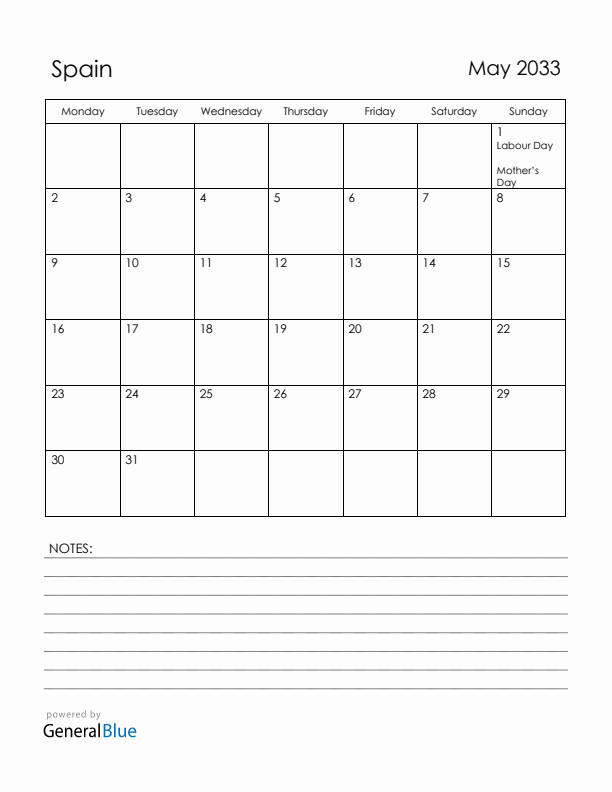 May 2033 Spain Calendar with Holidays (Monday Start)