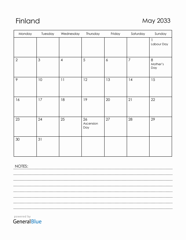 May 2033 Finland Calendar with Holidays (Monday Start)