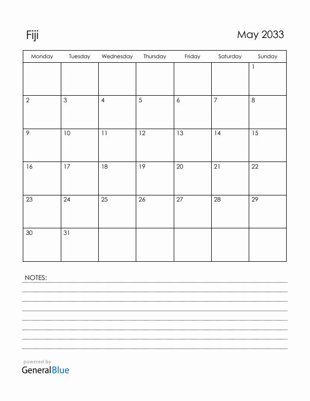 May 2033 Fiji Calendar with Holidays (Monday Start)