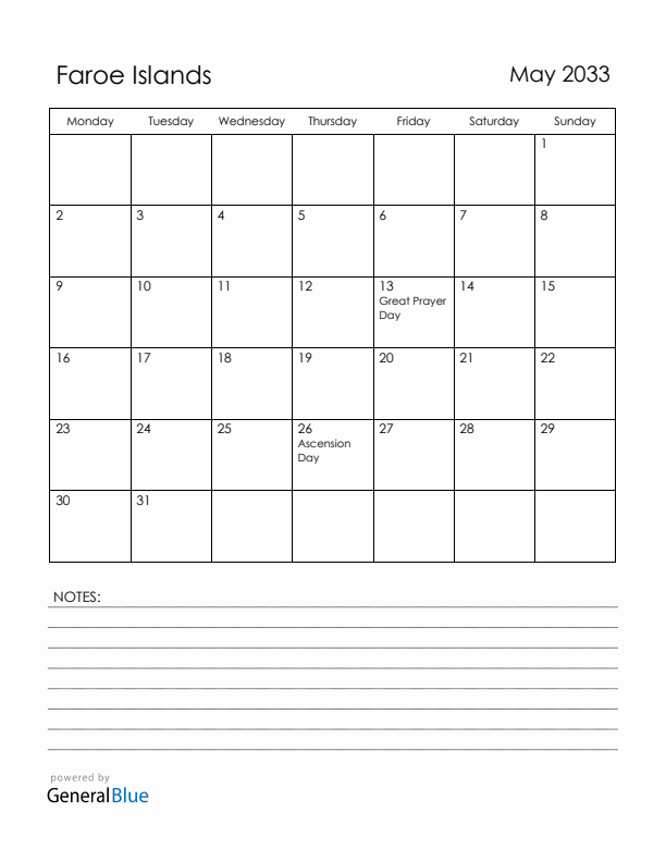 May 2033 Faroe Islands Calendar with Holidays (Monday Start)