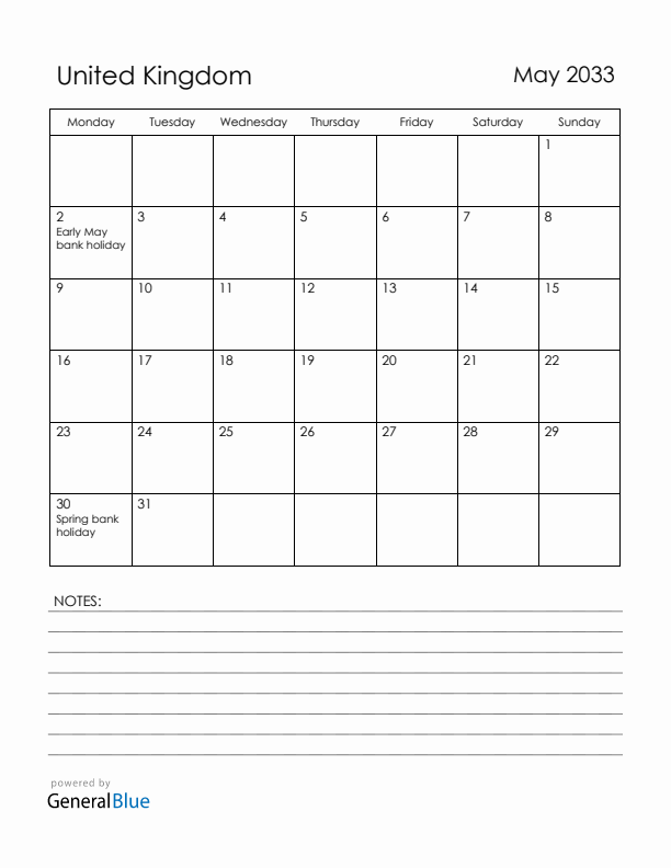 May 2033 United Kingdom Calendar with Holidays (Monday Start)
