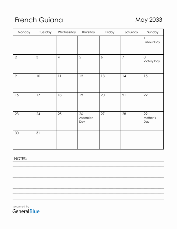 May 2033 French Guiana Calendar with Holidays (Monday Start)