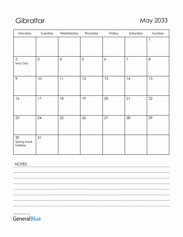 May 2033 Gibraltar Calendar with Holidays (Monday Start)