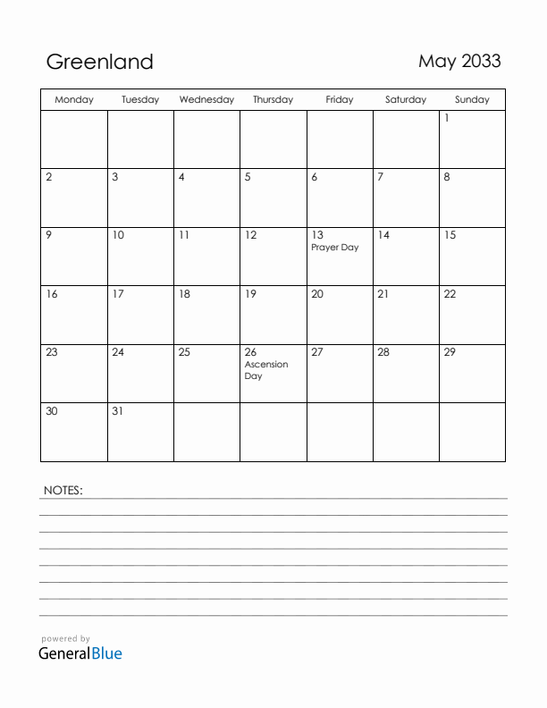 May 2033 Greenland Calendar with Holidays (Monday Start)