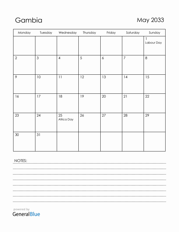 May 2033 Gambia Calendar with Holidays (Monday Start)