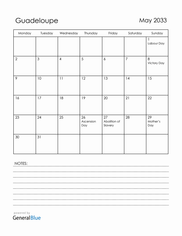 May 2033 Guadeloupe Calendar with Holidays (Monday Start)