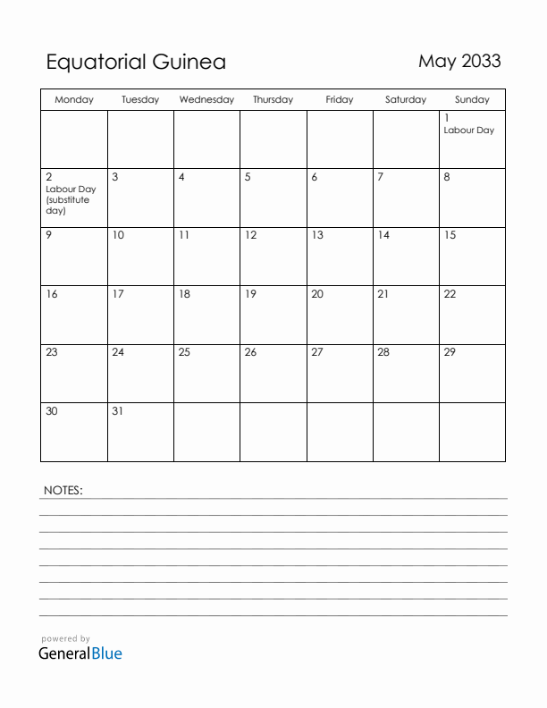 May 2033 Equatorial Guinea Calendar with Holidays (Monday Start)