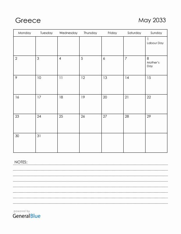 May 2033 Greece Calendar with Holidays (Monday Start)