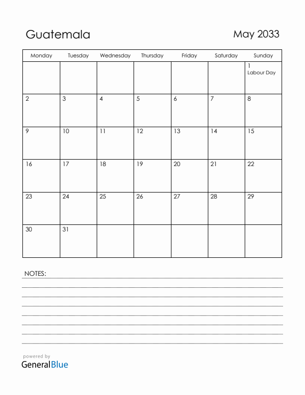May 2033 Guatemala Calendar with Holidays (Monday Start)