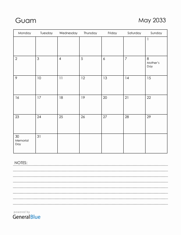 May 2033 Guam Calendar with Holidays (Monday Start)