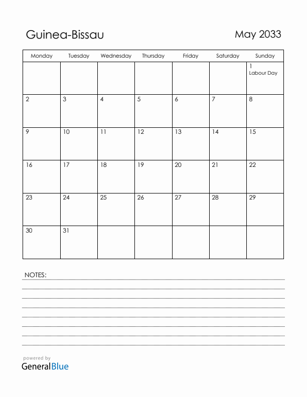 May 2033 Guinea-Bissau Calendar with Holidays (Monday Start)