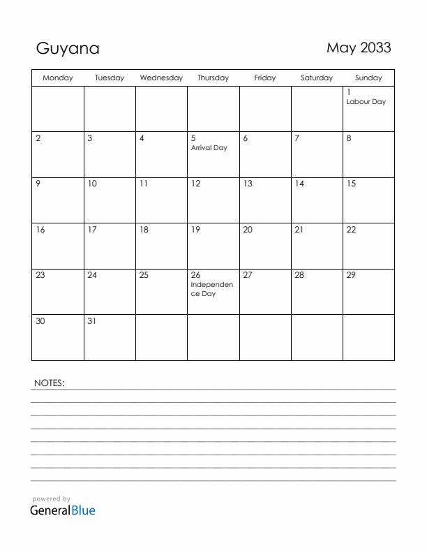May 2033 Guyana Calendar with Holidays (Monday Start)
