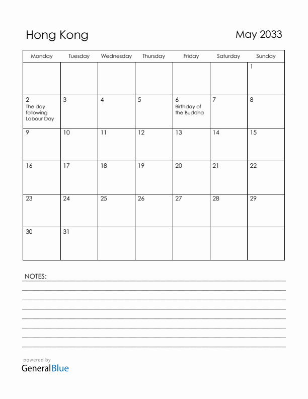 May 2033 Hong Kong Calendar with Holidays (Monday Start)