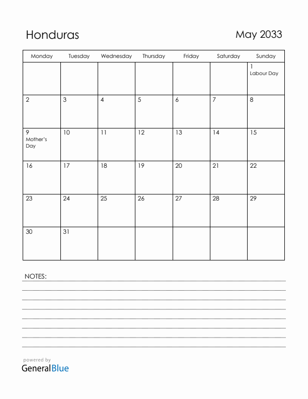 May 2033 Honduras Calendar with Holidays (Monday Start)