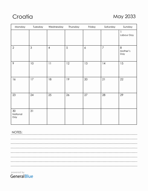 May 2033 Croatia Calendar with Holidays (Monday Start)