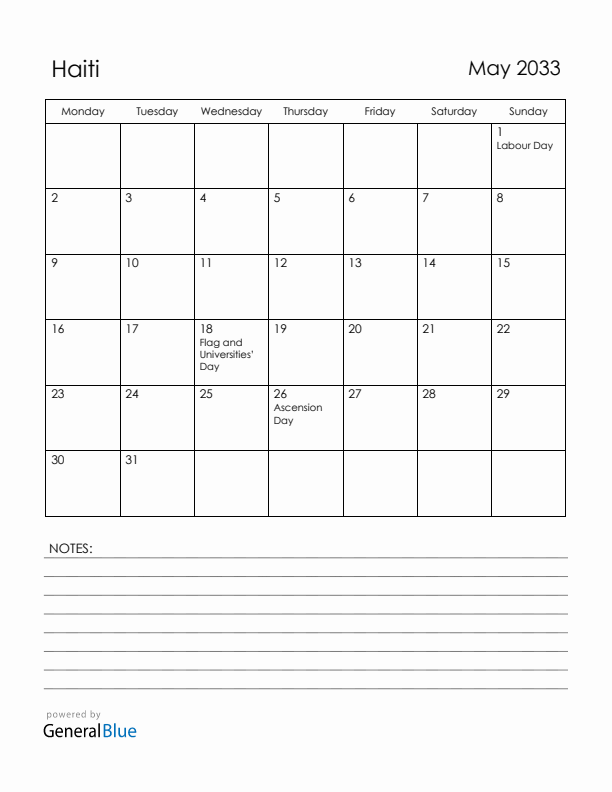 May 2033 Haiti Calendar with Holidays (Monday Start)