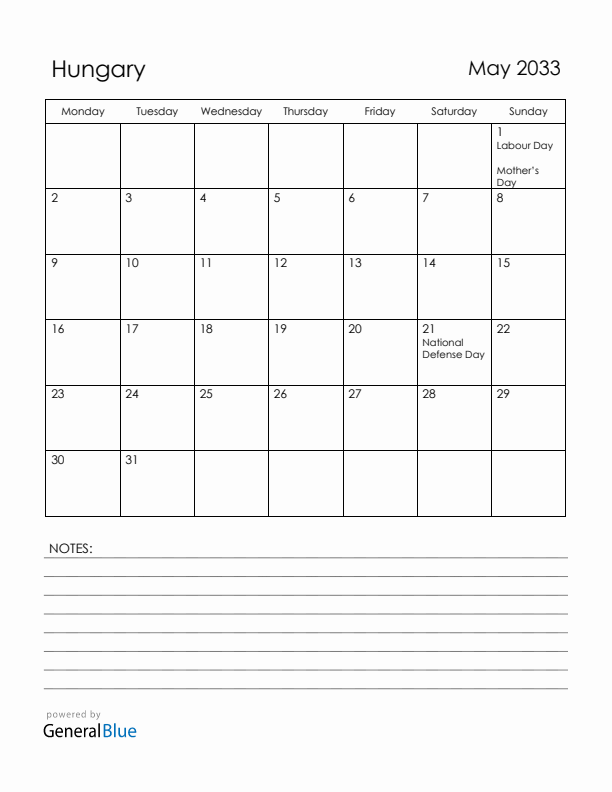 May 2033 Hungary Calendar with Holidays (Monday Start)