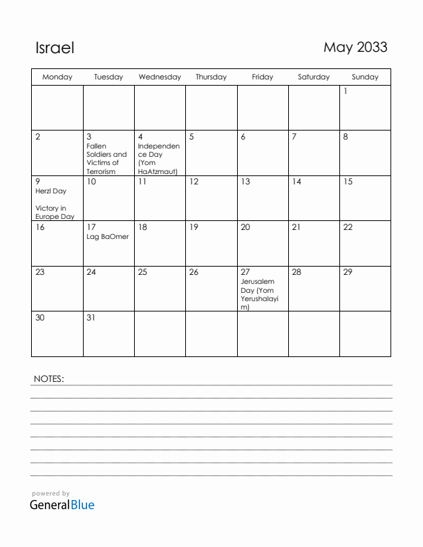 May 2033 Israel Calendar with Holidays (Monday Start)