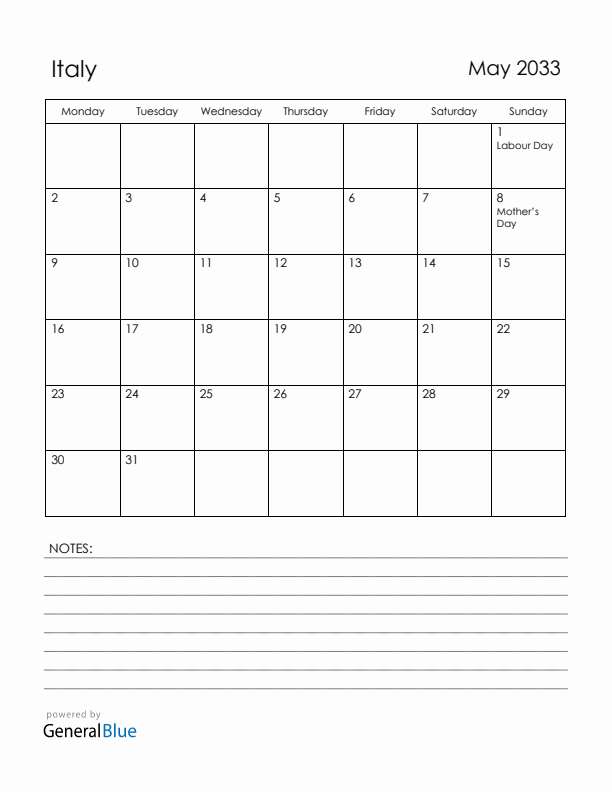 May 2033 Italy Calendar with Holidays (Monday Start)