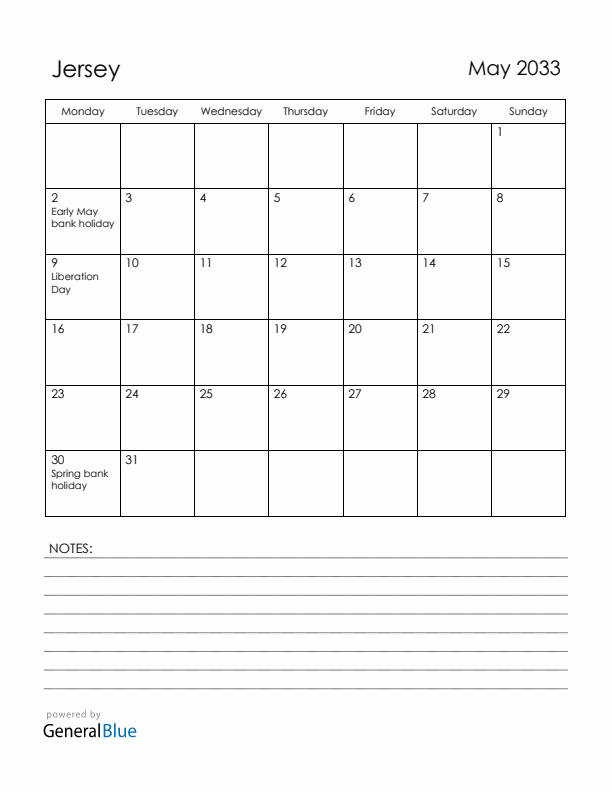 May 2033 Jersey Calendar with Holidays (Monday Start)