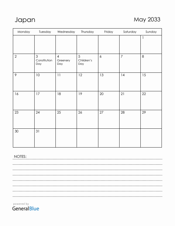May 2033 Japan Calendar with Holidays (Monday Start)